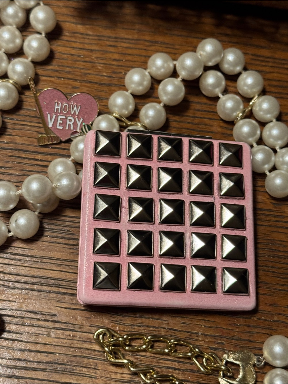 Too Glam to Give a Damn – Pink Faux Leather Pyramid-Studded 3″×3″ Compact Mirror